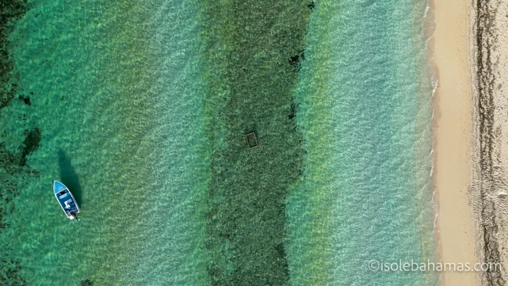 Barca in acqua verde smeraldo vicino a una spiaggia bianca vista dall'alto, Eleuthera