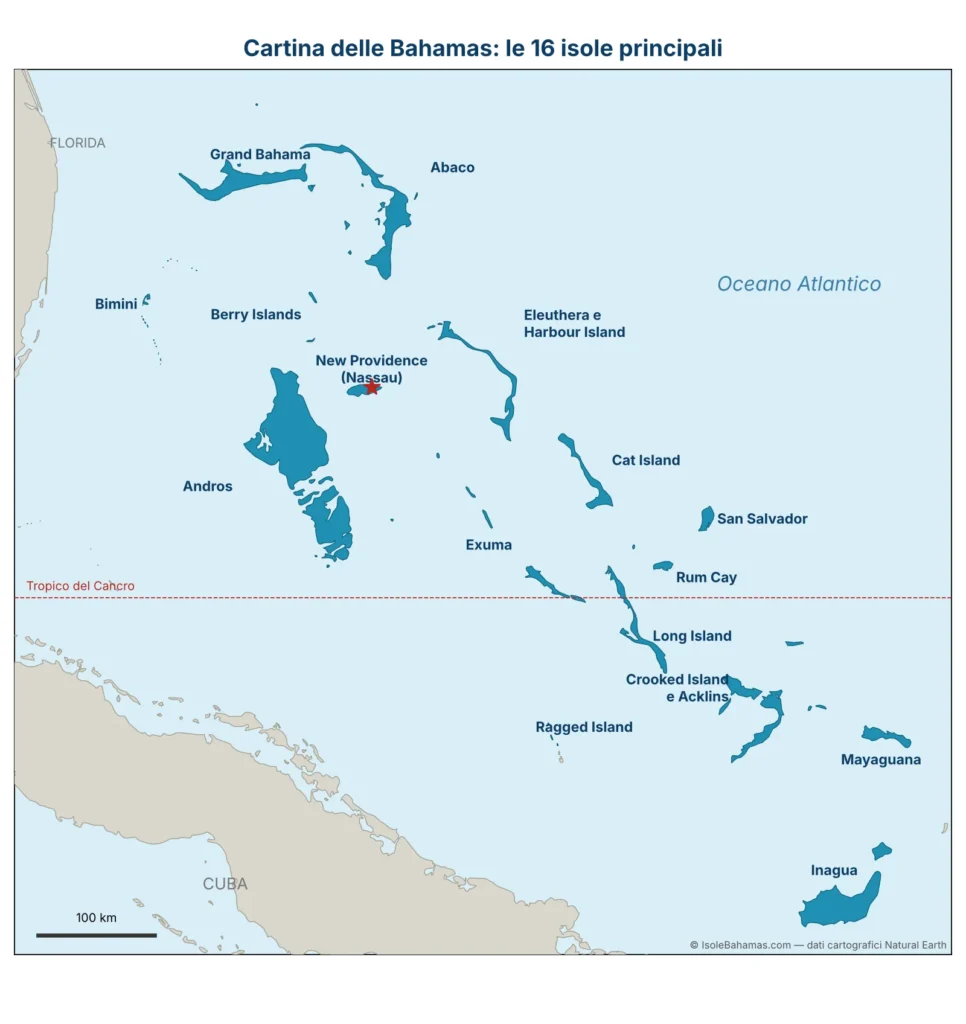 Cartina delle Bahamas con le 16 isole principali: Grand Bahama, Abaco, Bimini, Berry Islands, Andros, New Providence, Eleuthera, Exuma, Cat Island, San Salvador, Rum Cay, Long Island, Crooked Island e Acklins, Mayaguana, Inagua, Ragged Island