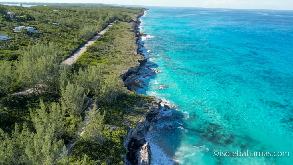 Costa rocciosa di Eleuthera con acqua turchese e terreni affacciati sul mare visti dal drone