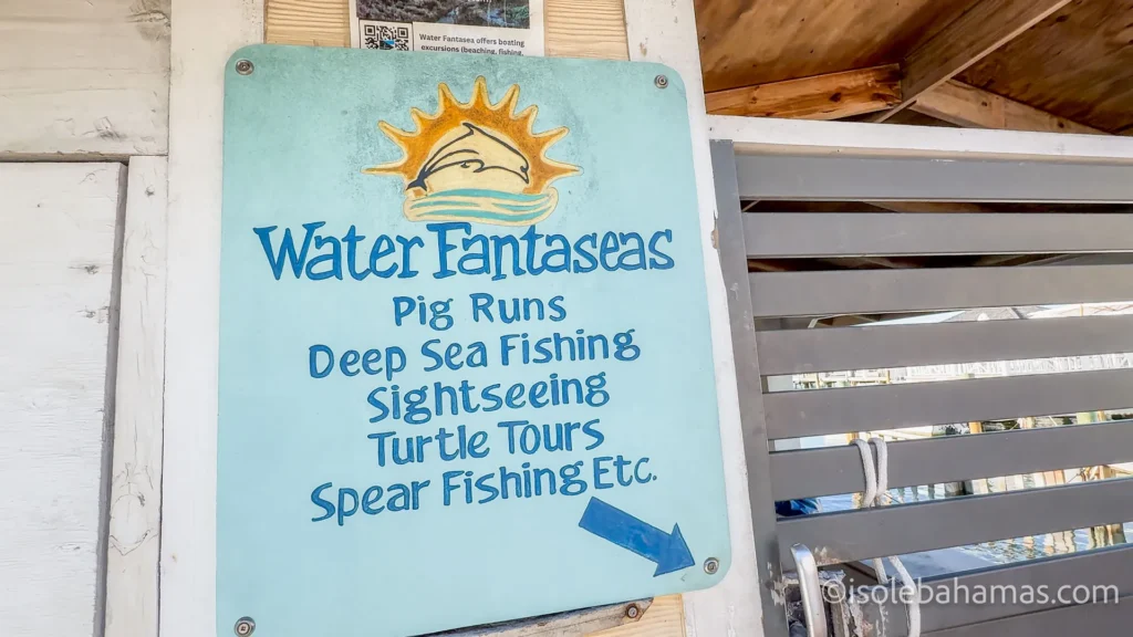 Insegna di un operatore di escursioni a Harbour Island: pig runs, pesca d'altura, tour delle tartarughe