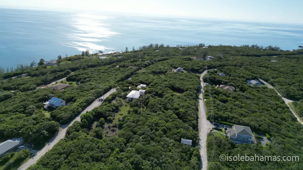 Lotti e case sparse tra la vegetazione di Eleuthera visti dal drone, con l'oceano sullo sfondo