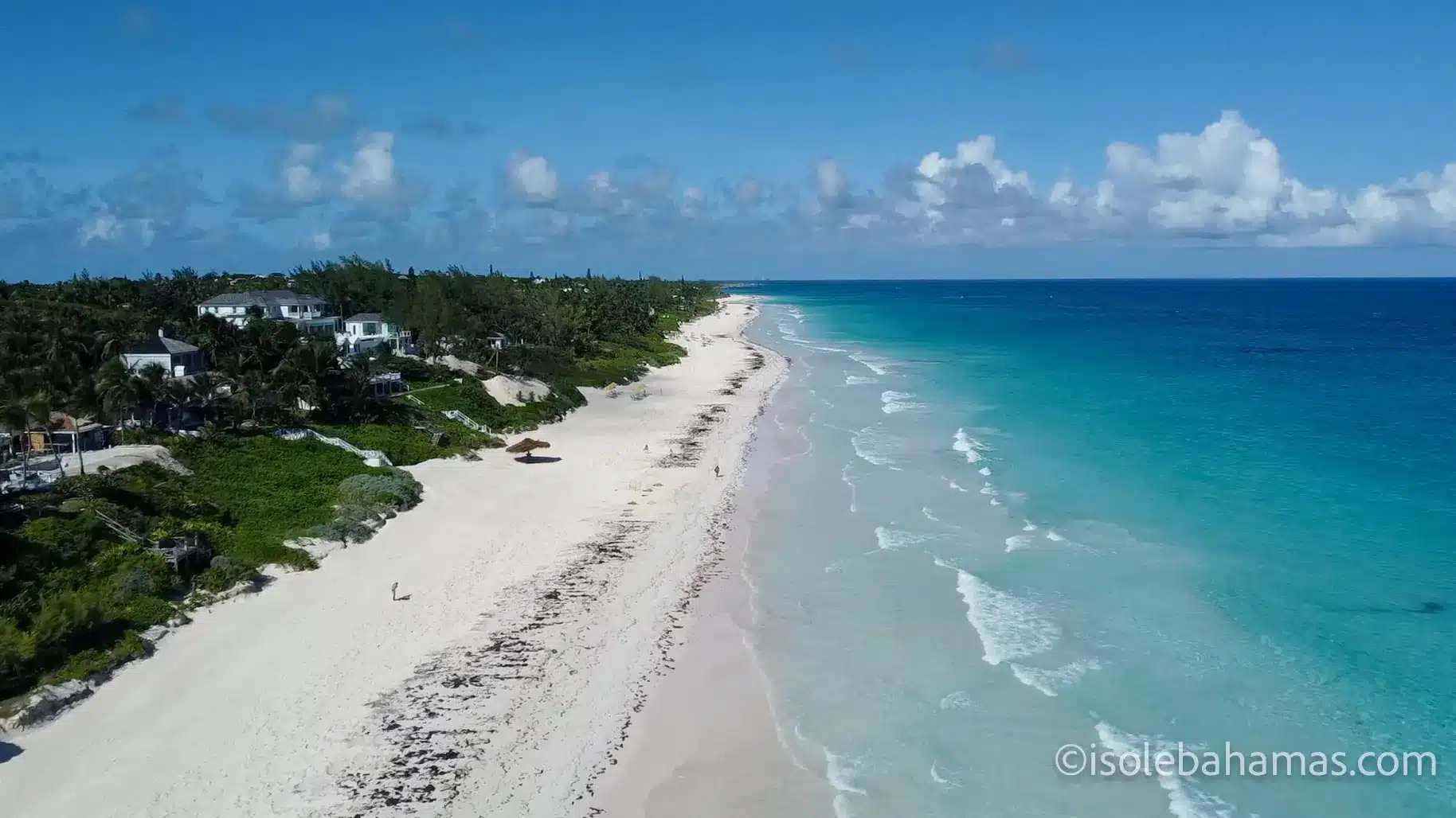 Pink Sands Beach a Harbour Island vista dal drone, con sabbia rosata e mare turchese