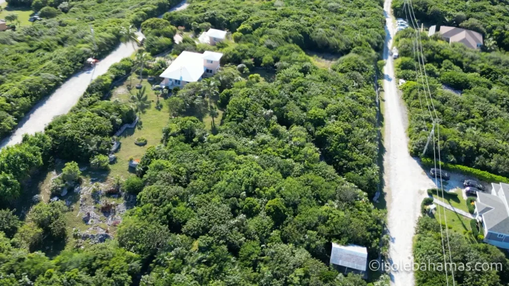 Strade sterrate tra case e terreni nella vegetazione di Eleuthera viste dal drone